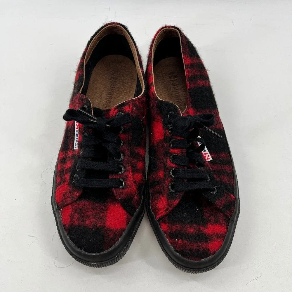 Superga Sneakers Womens 8 Red Buffalo Plaid Boiled Wool Plaid Fuzzy Shoes